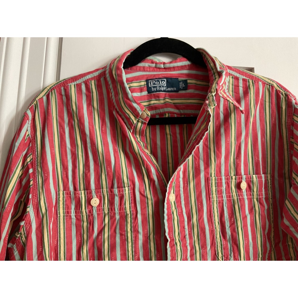 Polo Ralph Lauren Vintage Striped Button Down Shirt Red Teal Green Mens Large